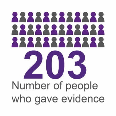 A graphic showing the large size number of 203, which represents the number of people that have given evidence to the Public Audit Committee over the session.